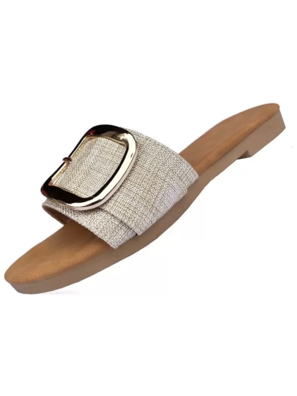 Women’s Beige Slide Sandals with Decorative Buckle - Picture 2 of 2
